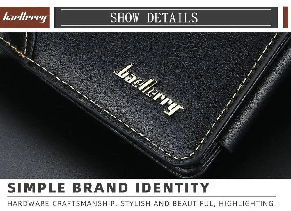 Baellerry short wallet for men in black PU leather with beige stitching and RFID-blocking front pocket