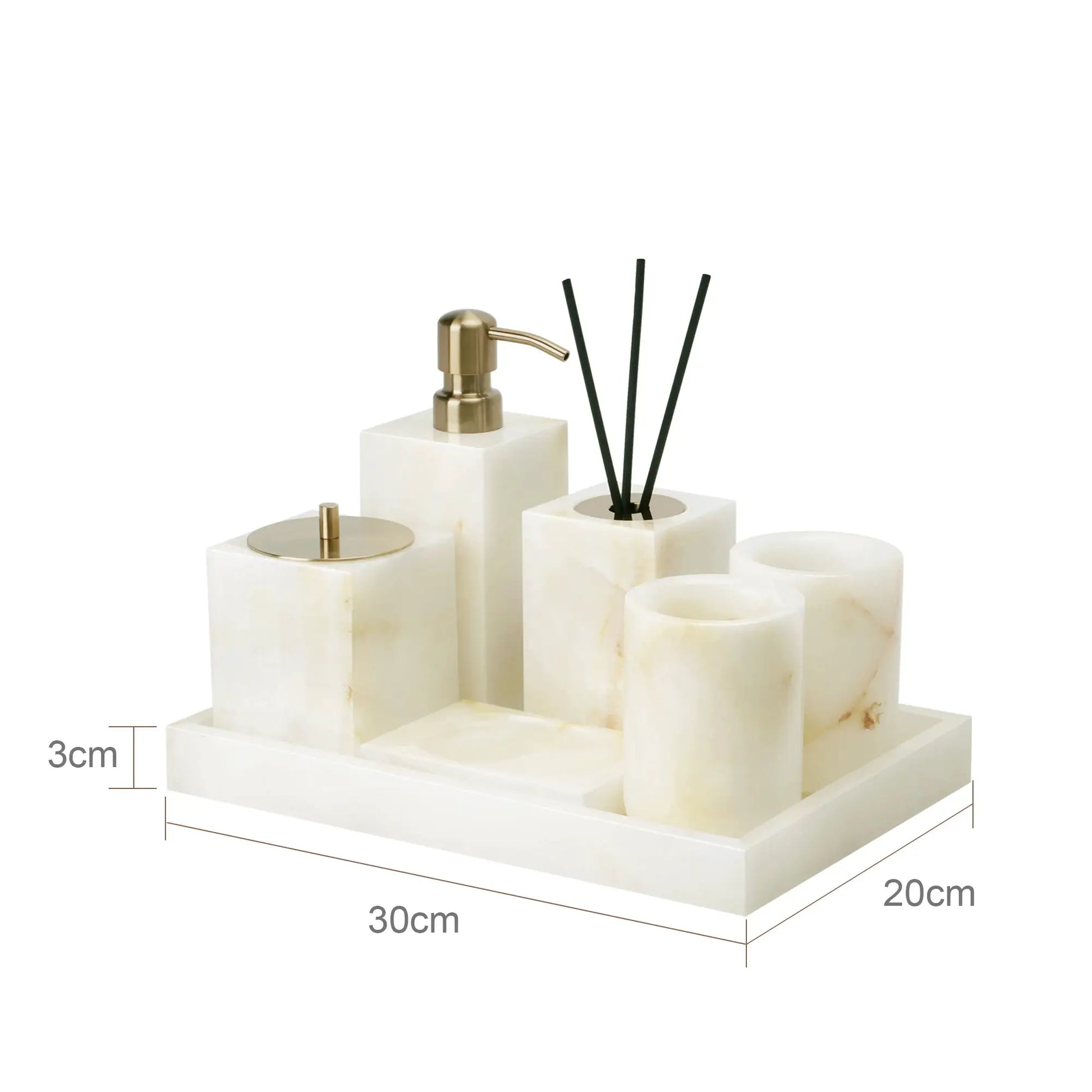 White Onyx marble bathroom accessories set by Simples Market, includes soap dispenser, tissue box, and vanity tray.
