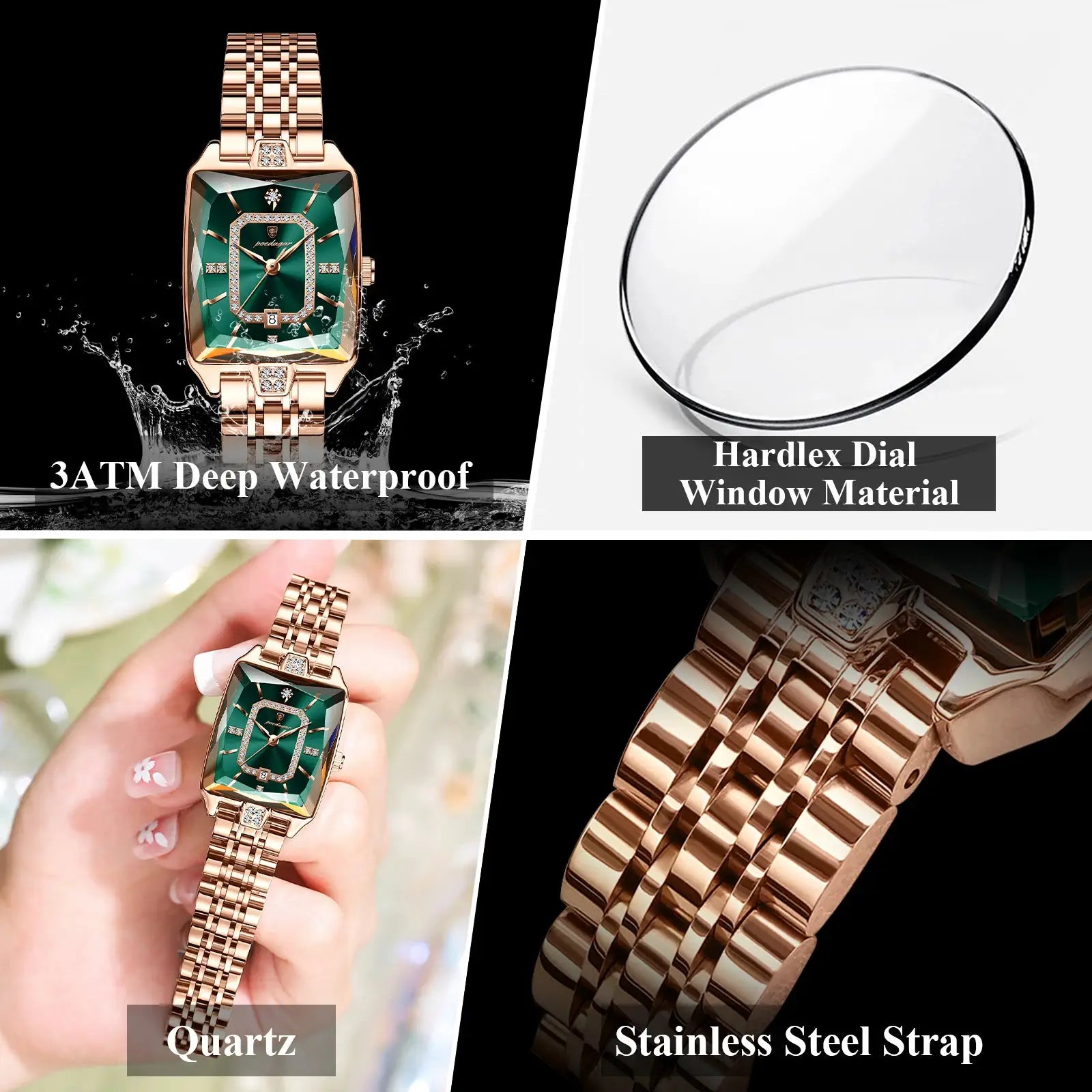 POEDAGAR luxury women's quartz watch with green dial and rose-gold stainless steel bracelet