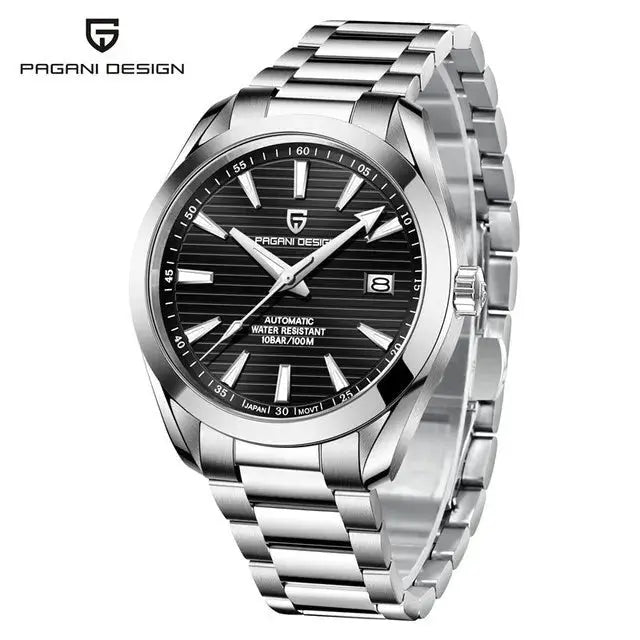 Pagani Design A150 40mm men's automatic watch with stainless steel bracelet, black dial, sapphire glass
