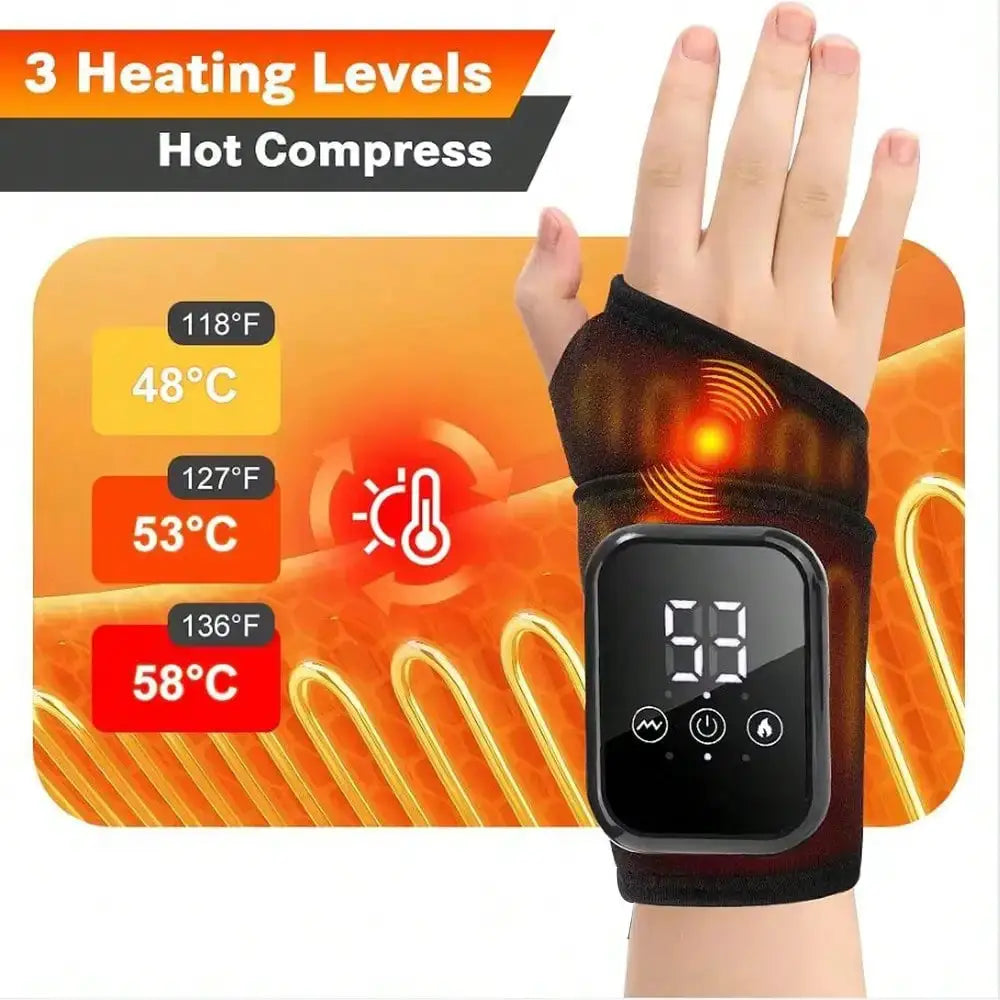 Rechargeable Wrist Heating Pad with Massage by Simples Market, 3 heating & 3 vibration levels, black with display