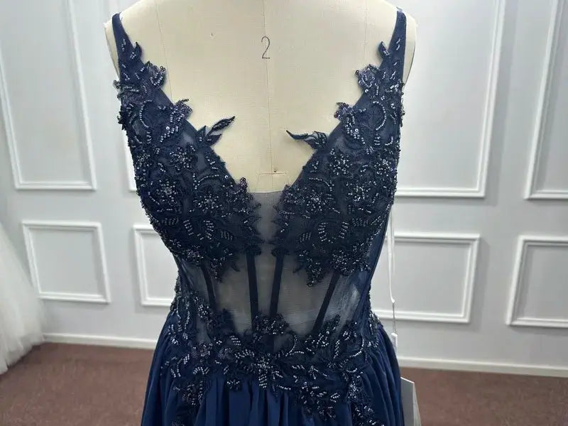 Navy Blue Spaghetti Straps A Line Evening Dress Appliques Prom Gown