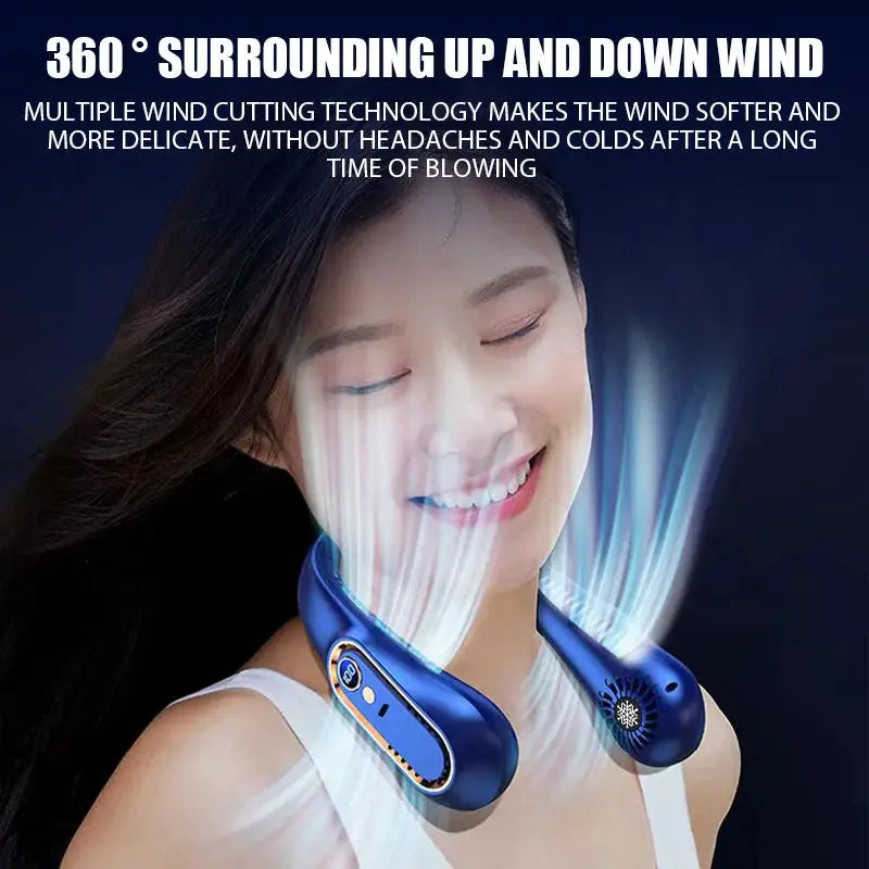 Free Hands No Leaf Neck Hanging Fan Portable Mini Turbine Fan With Digital Display USB Charging For Outdoor Hiking Camping