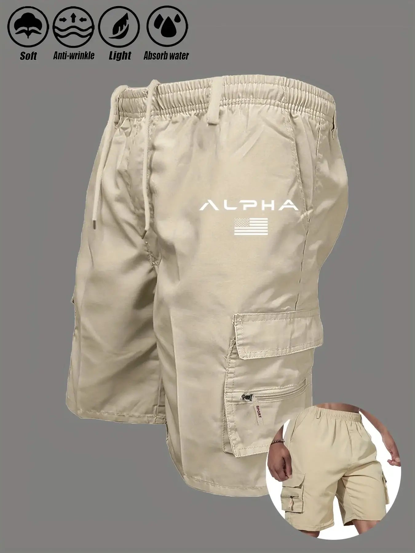 Khaki cargo shorts with ALPHA logo and American flag print; Simples Market multi-pocket work/camping shorts.