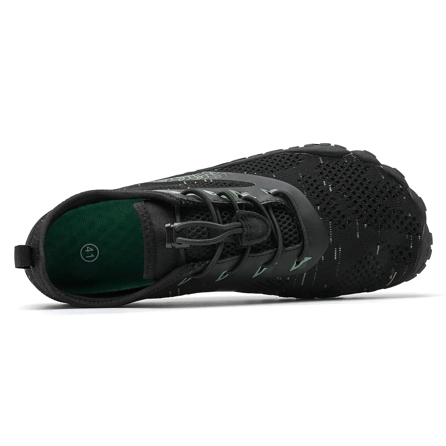 Men's trail running shoe in black with green interior, breathable mesh upper and rugged outsole
