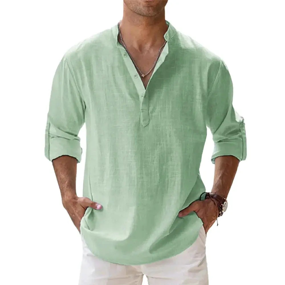 Men's Cotton Linen Blend Short Sleeve Henley Shirt For Summer Casual Beach Vacation