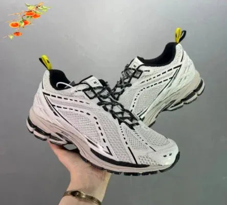 Classic retro dad sneakers, white and gray casual sports shoes with black laces