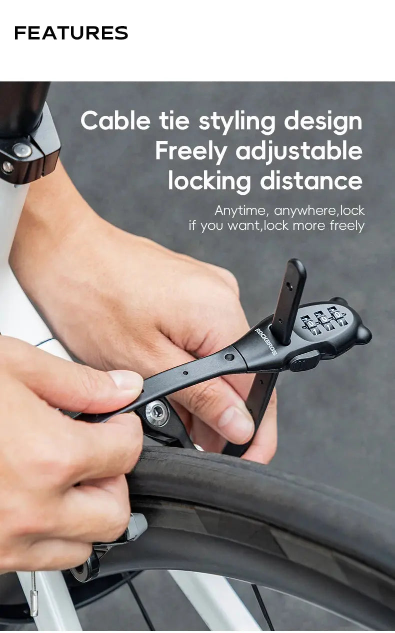 ROCKBROS portable bicycle lock cable with combination keypad, black zinc alloy, adjustable length