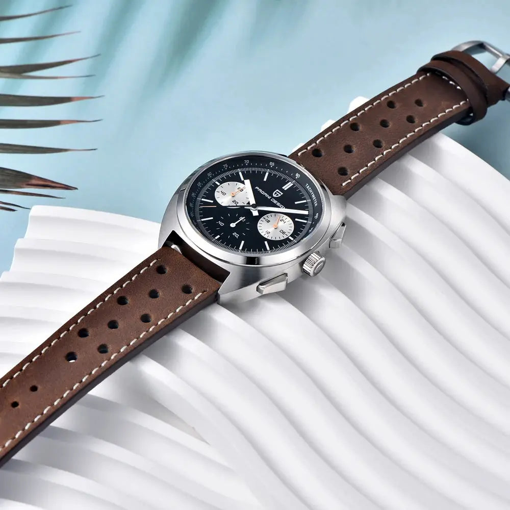 PAGANI DESIGN men's quartz chronograph watch on brown perforated leather strap, silver case, black dial with white subdials