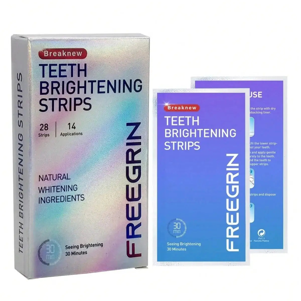 Breaknew teeth whitening strips box with two purple sachets, 28 strips and 14 applications.