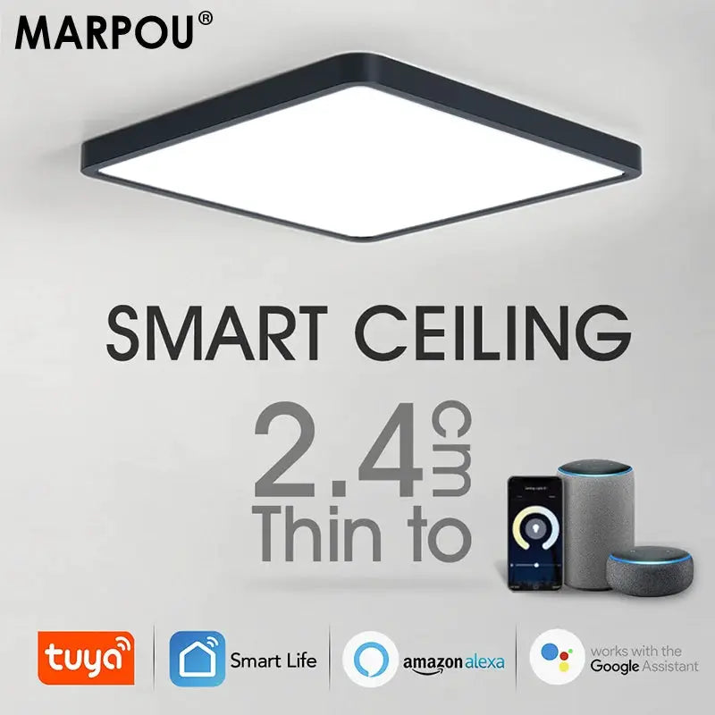 MARPOU smart LED square ceiling light with black frame and white diffuser; Tuya, Alexa and Google Assistant compatible