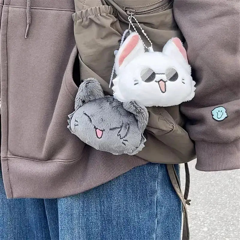 Anime plush cosplay keychains (2): white cat with sunglasses and gray fluffy bunny, soft plush pendants