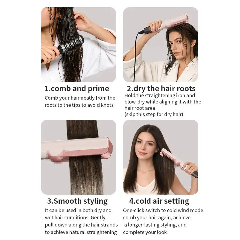 Simples Market HT01 pink hair straightener and dryer; four-step styling with comb, dry roots, smooth styling, cold air.