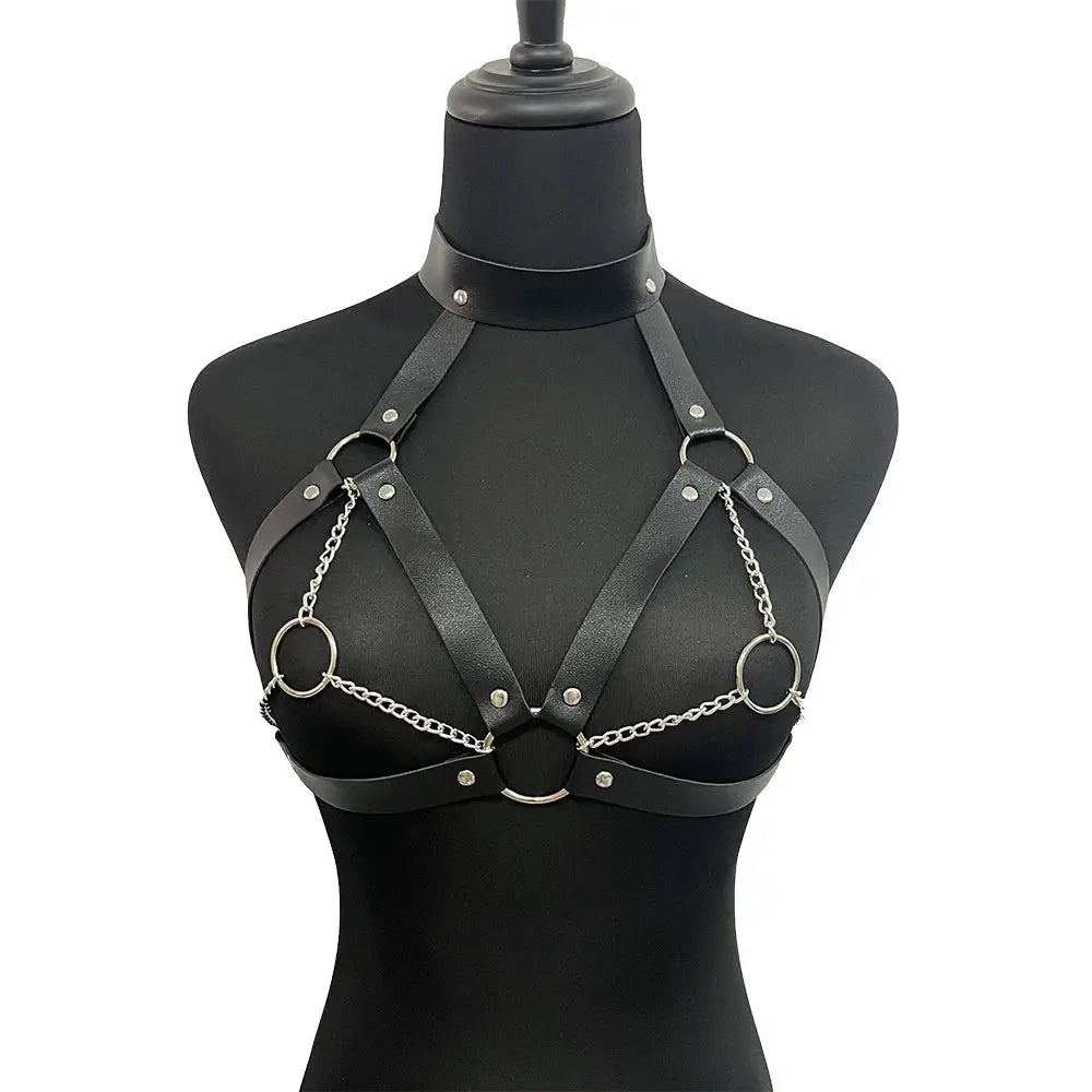 VelvetKink Chest Harness Synthetic Leather Lingerie Bodysuit With Suspender Garter Belt For Mature Fetish Play