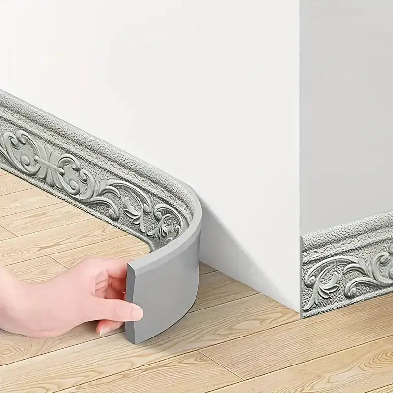 Self-adhesive wall border trim with curved corner piece, 1pc, 230x8 cm, gray-silver with ornate 3D pattern