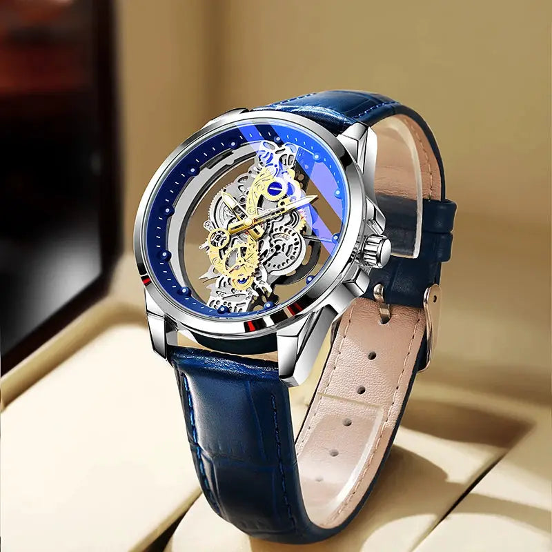 Men's skeleton automatic wristwatch with blue leather strap, silver case, and visible gold gears