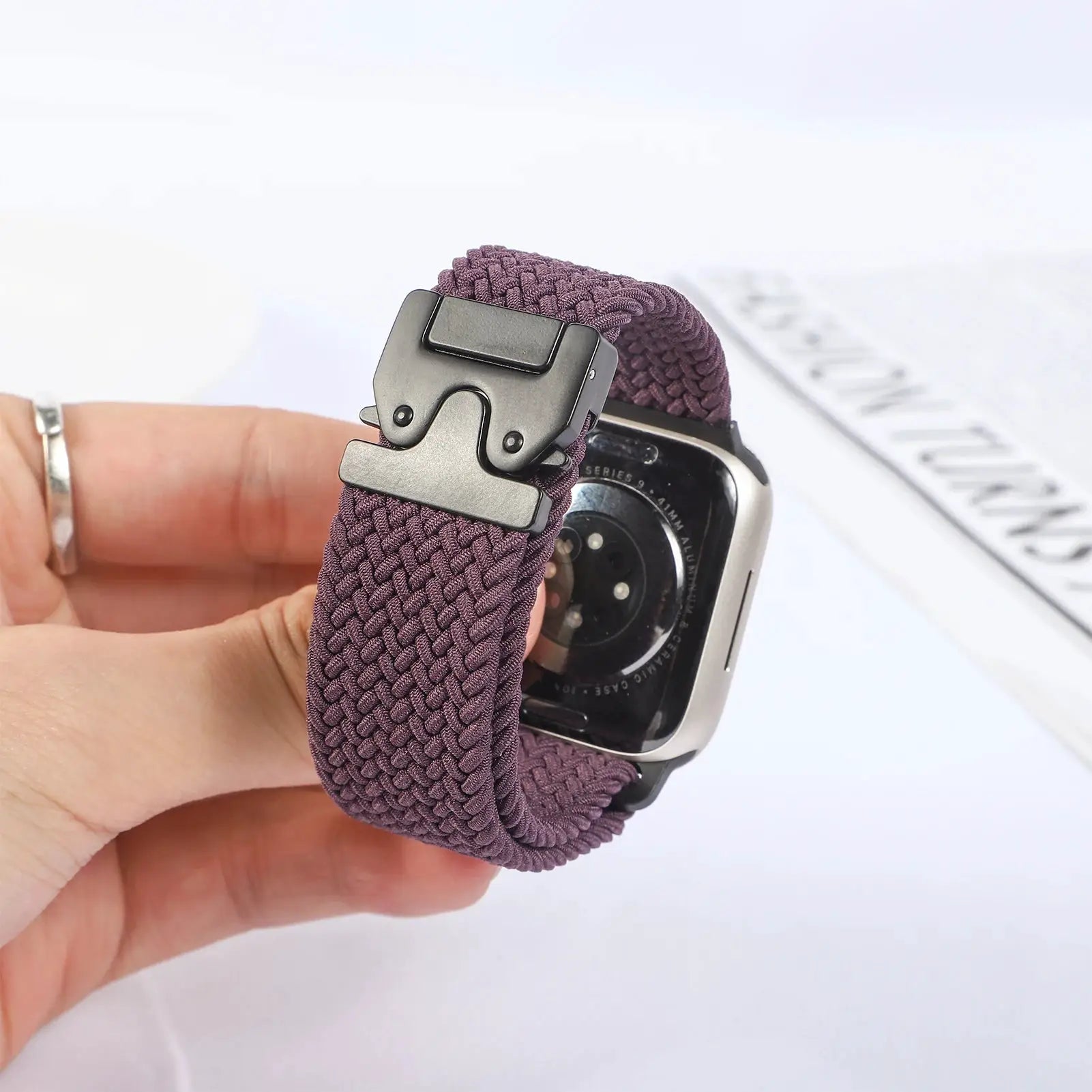Simples Market braided parachute strap for Apple Watch, purple nylon band with metal clasp, fits 41–49mm sizes