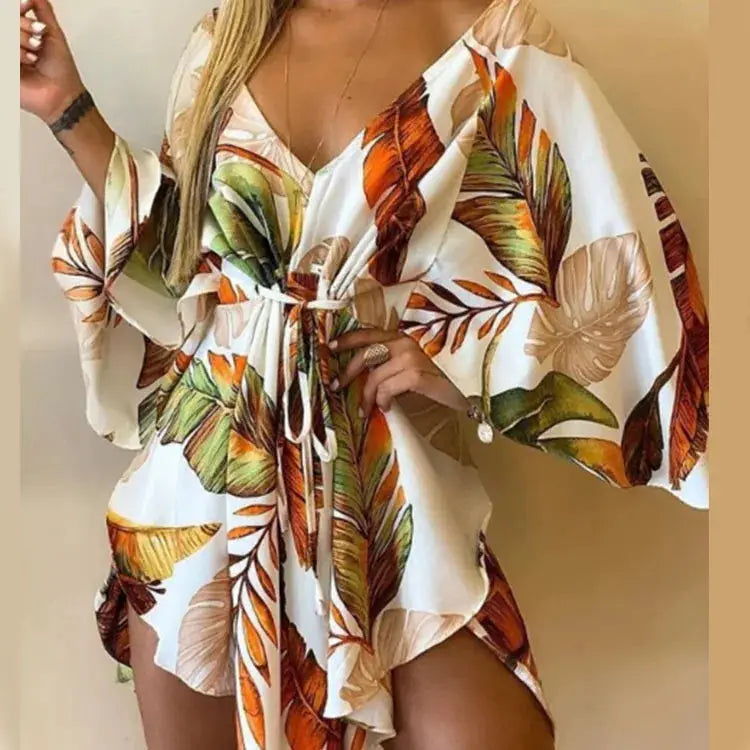 Women Boho Floral Print V Neck Bat Sleeve Ruffle Sundress Beach