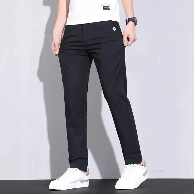 Ultra-thin Elastic Men's Casual Pants by Simples Market, black ice-silk cotton, slim straight business trousers