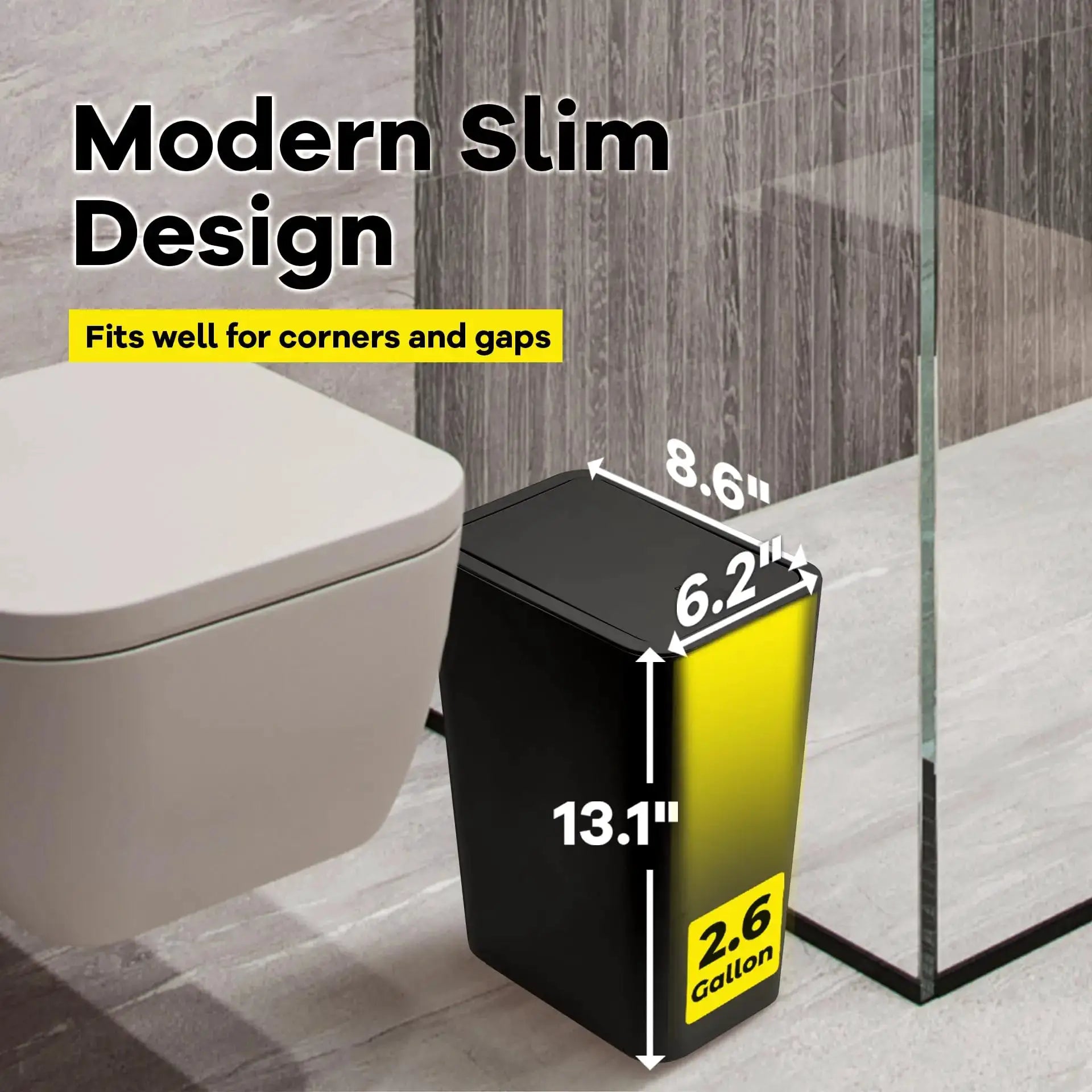 Bathroom trash can with press-top lid, compact black body with yellow accent, 2.6 gallon capacity.