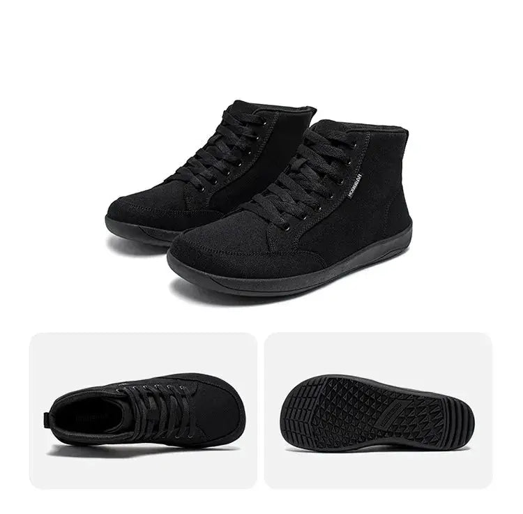 HOBIBEAR mid-top barefoot zero-drop shoes, black canvas, unisex, wide toe box, lace-up walking sneakers