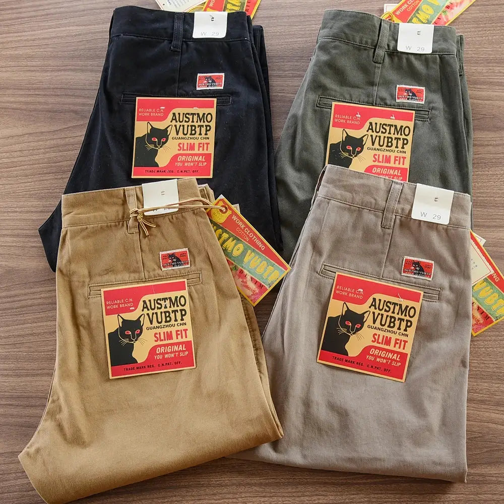 Men's 100% cotton washed chino pants, slim fit, five-color pack in black olive beige gray tan from Simples Market