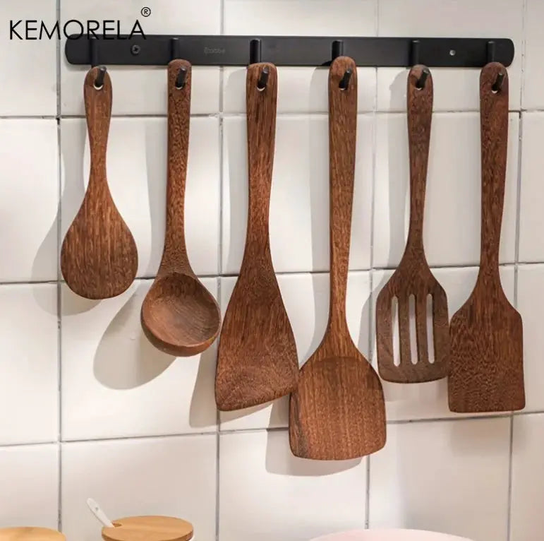 5Pcs Thailand Teak Kitchen Utensils Set Natural Wooden Tableware Ladle Turner Rice Colander Soup Skimmer Scoop