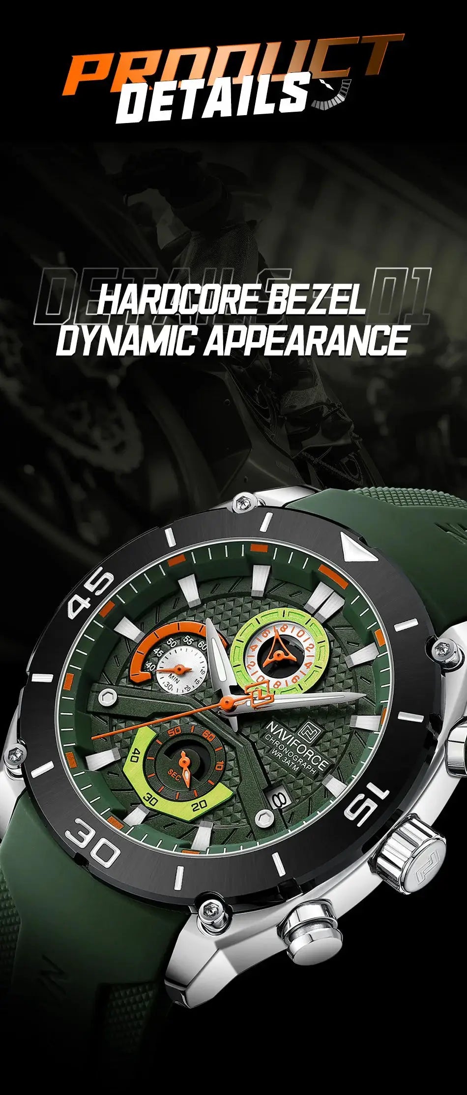 Naviforce men's sport chronograph watch with green dial, green strap, stainless steel case