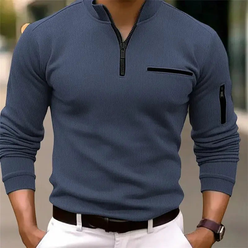 Men's blue ribbed long-sleeve polo shirt with zipped placket and chest pocket by Simples Market