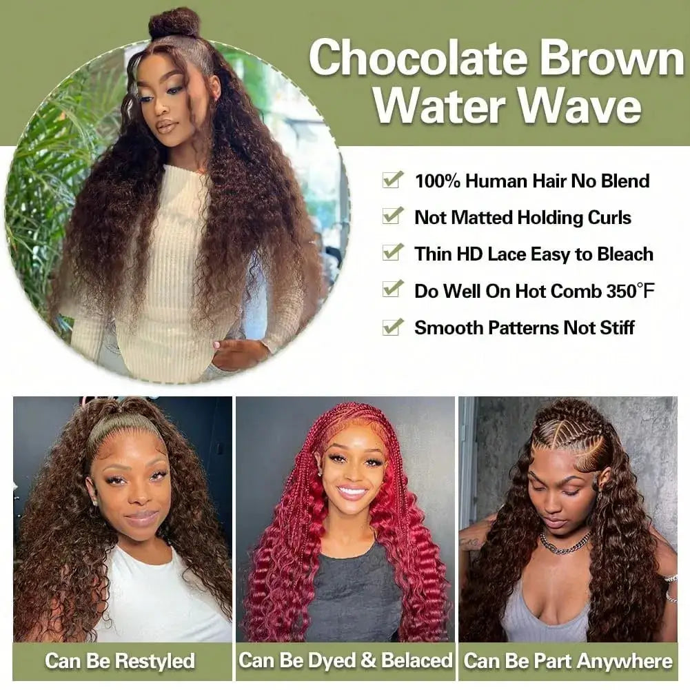 Chocolate Brown Deep Wave 13x6 Lace Front Wig Human Hair Water Wave 250 Percent Density Pre Plucked