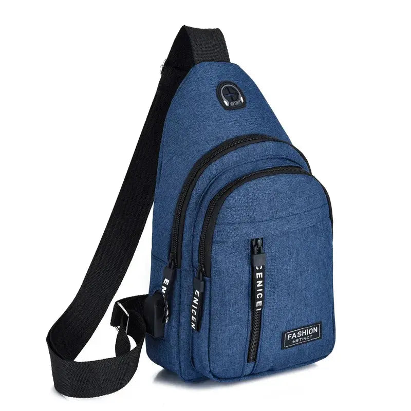 Chest bag in blue Oxford cloth, waterproof with multiple zip pockets and a Fashion Instinct logo patch