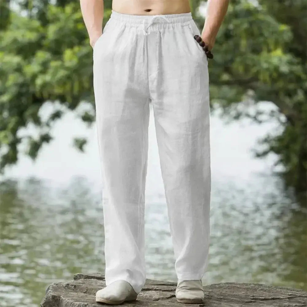 2025 Summer Mens Cotton And Linen Oversized Wide Leg Pants With Elastic Waist Color Casual Loose Fit Artistic Style
