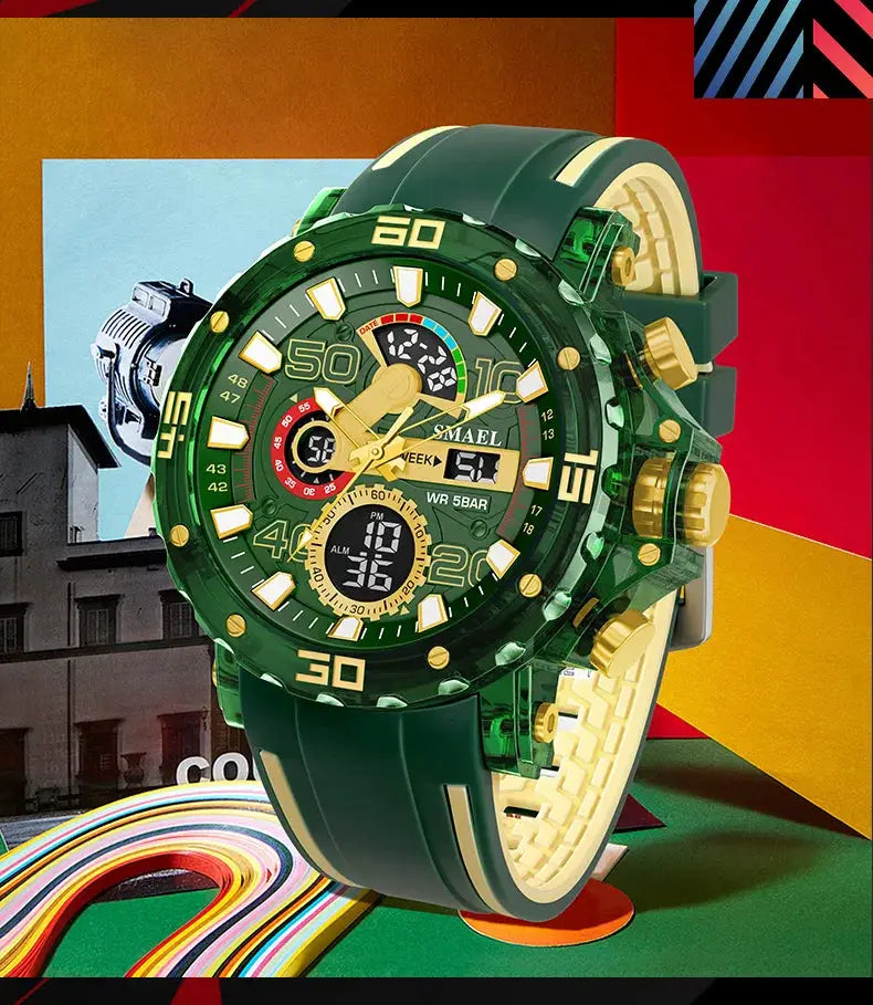 Military-style green SMAEL men's watch with analog-digital dial, gold accents, 50M water resistance