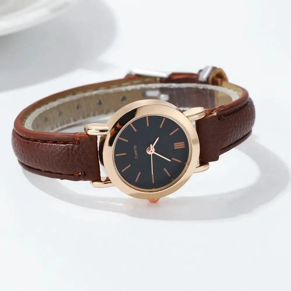 Simples Market women's watch with brown leather strap, rose-gold case, black dial and quartz watch