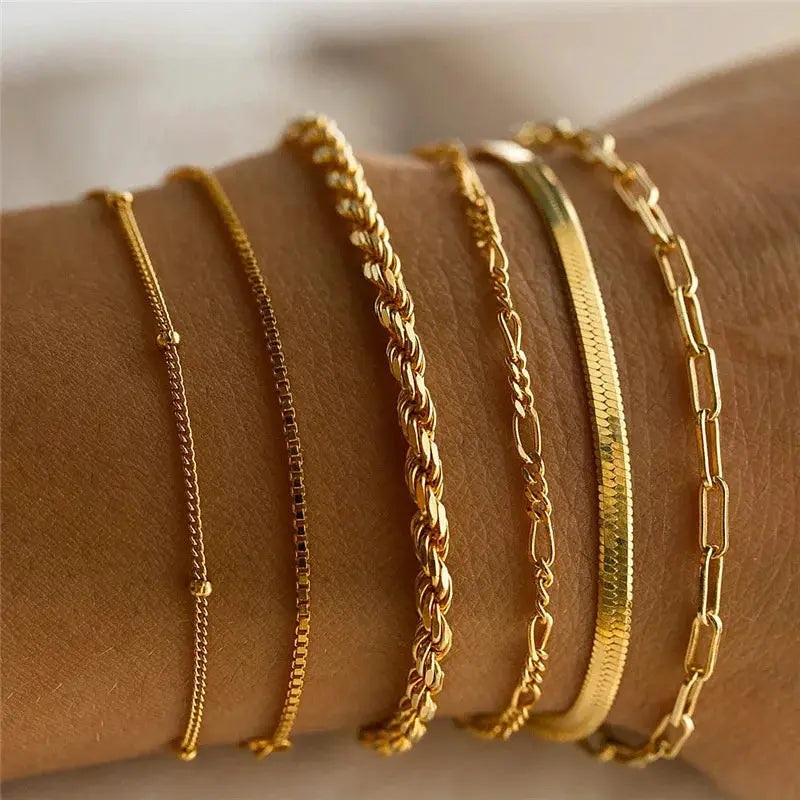 Bohemian Multi Layer Thin Chain Bracelets Set For Women Minimalist Gold Color Metal Bangles Y2K Jewelry Accessories
