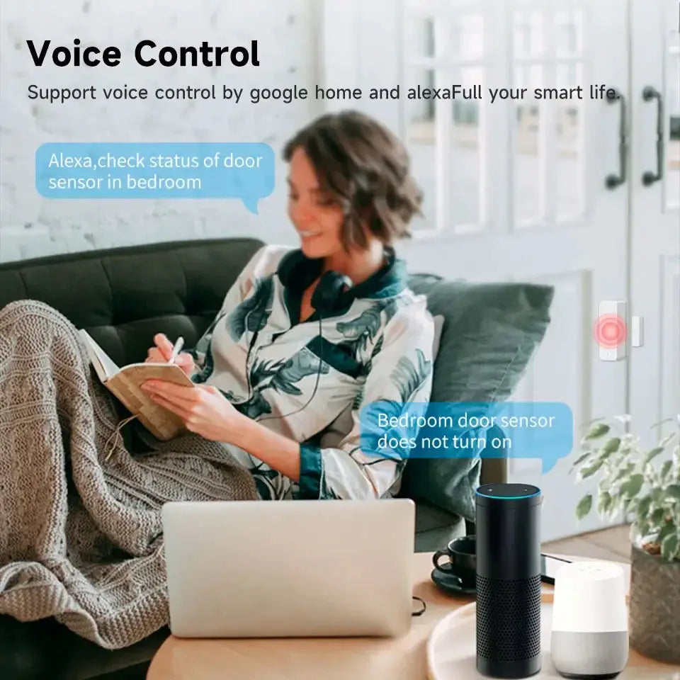 Zigbee door/window entry sensor, white magnetic security sensor; three devices in a living room with smart speakers.