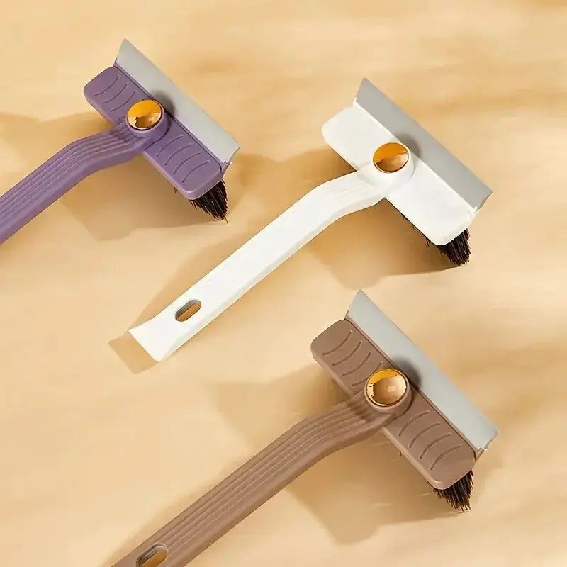 4-in-1 360° rotating tile scrubber with clip scraper; three-piece set in white, purple and taupe handles