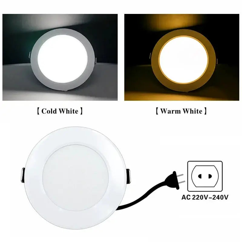 LED downlight round recessed panel light, white finish with cold white and warm white options, AC 220-240V
