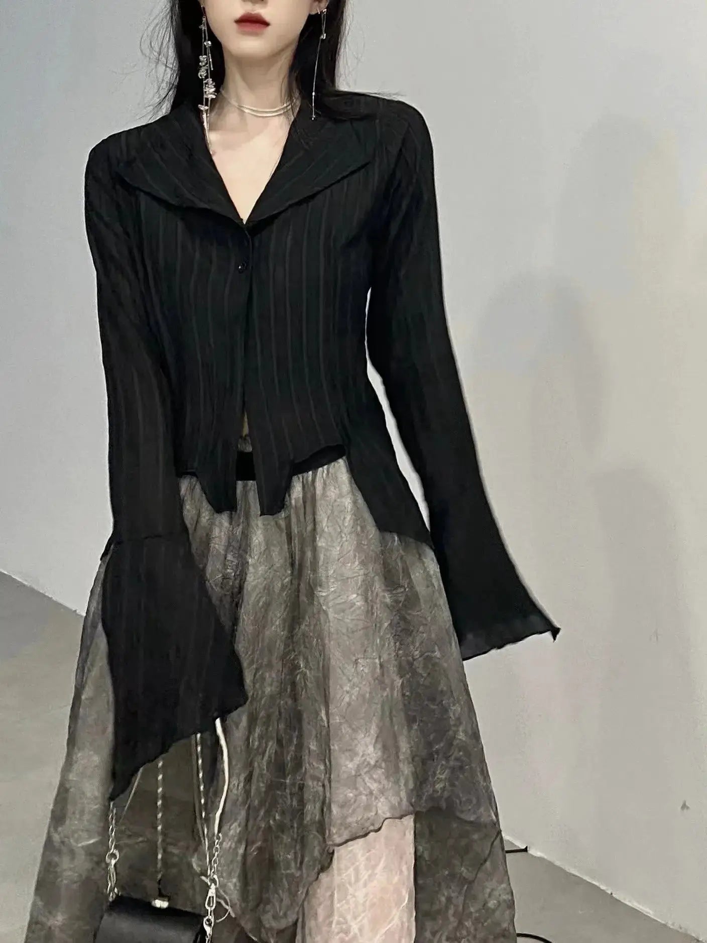 Karrram Gothic black shirt with lapel collar and pinstripe pattern, long sleeves for emo alt style