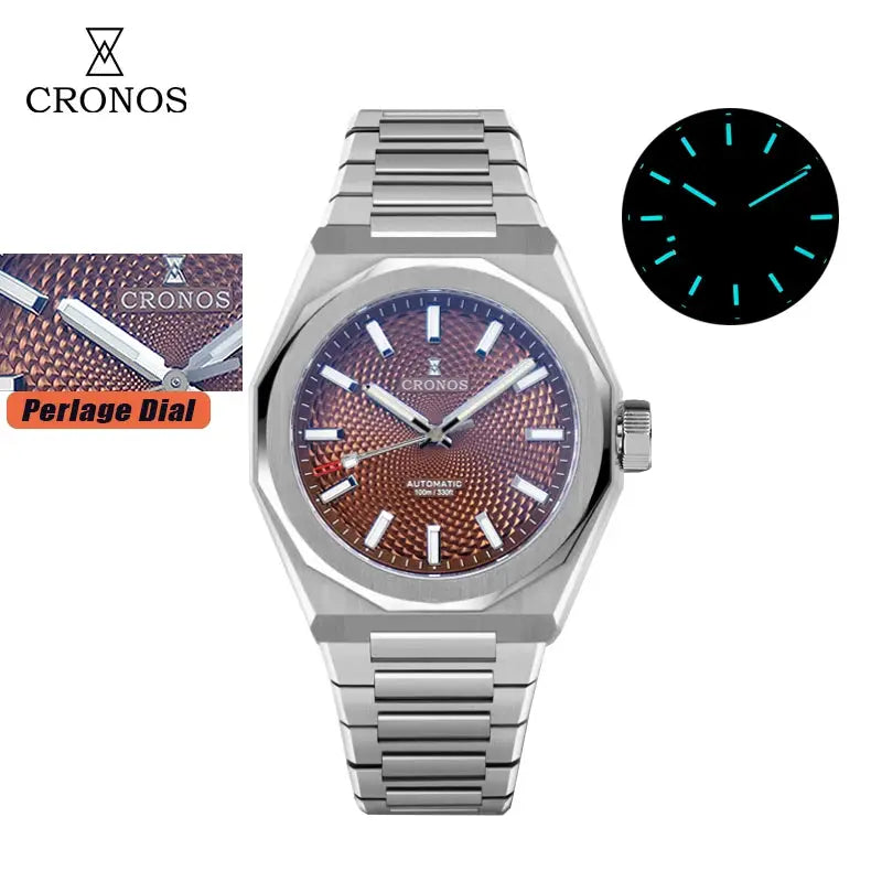 Cronos men's stainless steel automatic wristwatch with brown perlage dial, 39mm case, see-through caseback, luminous markers