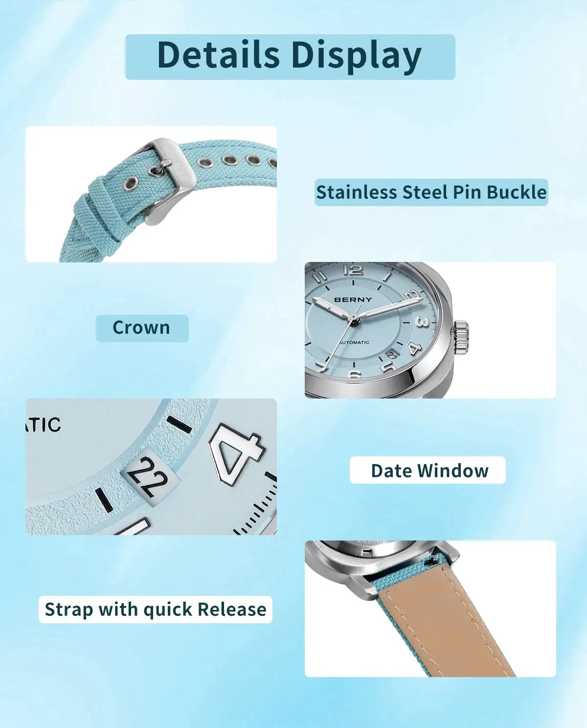 BERNY women's mechanical watch with light blue fabric strap, stainless steel case and pin buckle