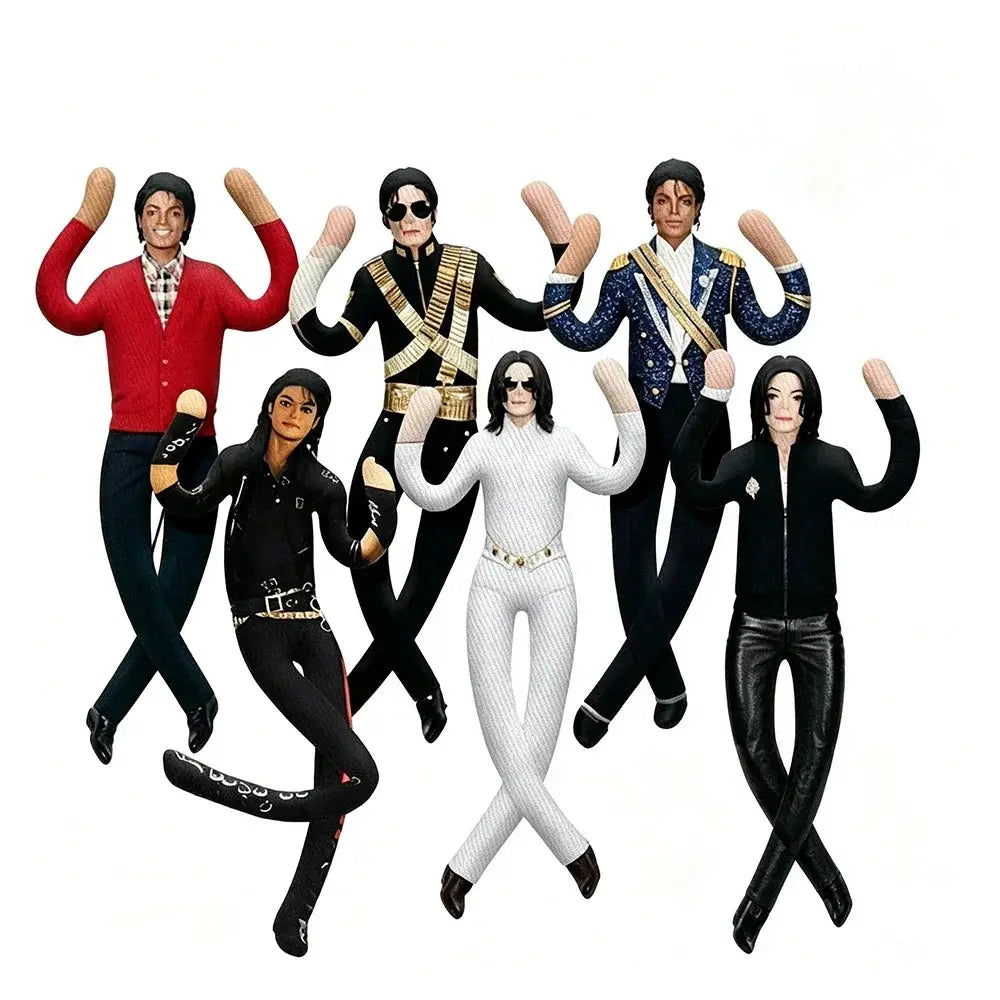 Seven-piece Michael Jackson cosplay plush figures set; jointed stuffed dolls in red, white, black outfits for room decor
