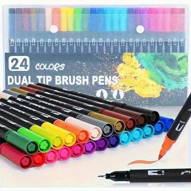 Vibrant 24-color dual-tip brush pens set by Simples Market with durable plastic bodies