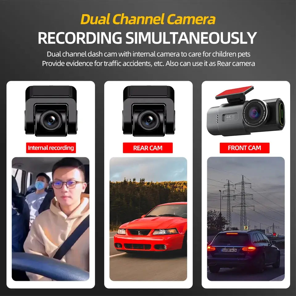 Simples Market dash cam 4K GPS WiFi dual-channel with front and rear cameras, black