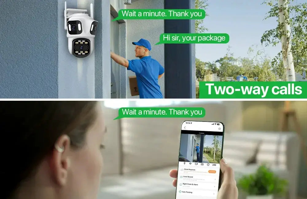 WONSDAR three-lens WiFi IP security camera mounted outdoors on a wall; shown with mobile app live view.