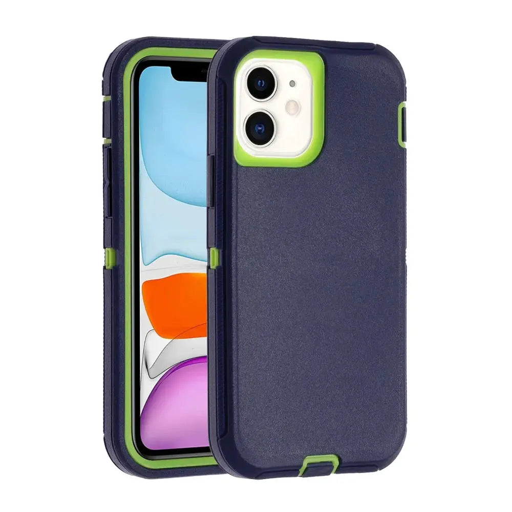 iPhone case by Simples Market, 3-in-1 heavy-duty anti-drop with navy body and lime-green bumper