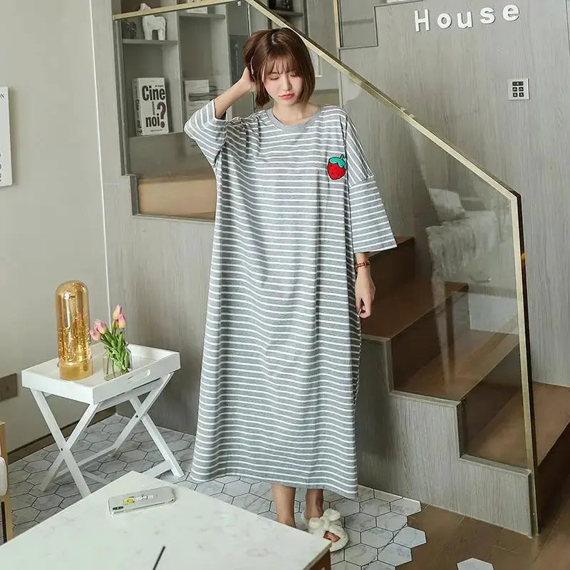 CozyNest Plus Size Striped Pajama Dress Lengthened For Summer Homewear Breathable Polyester Blend