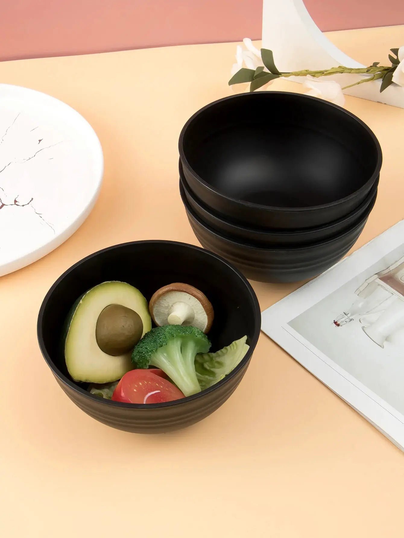 Black Grain Bowls Set 4 6 8 Pcs Reusable Plastic Dinner Bowls For Food Desserts Grains Outdoor Camping