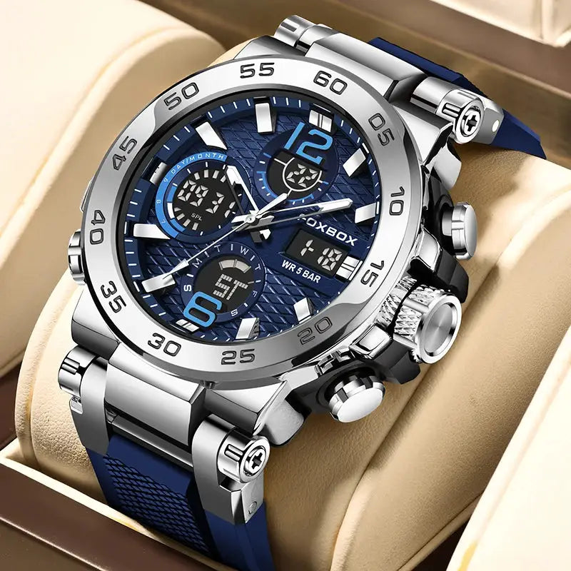 FOXBOX sport men's digital chronograph watch with blue dial and stainless steel case
