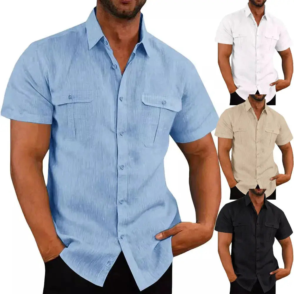 Men's double-pocket cotton-linen short-sleeve shirt by Simples Market in blue; also white, beige and black options